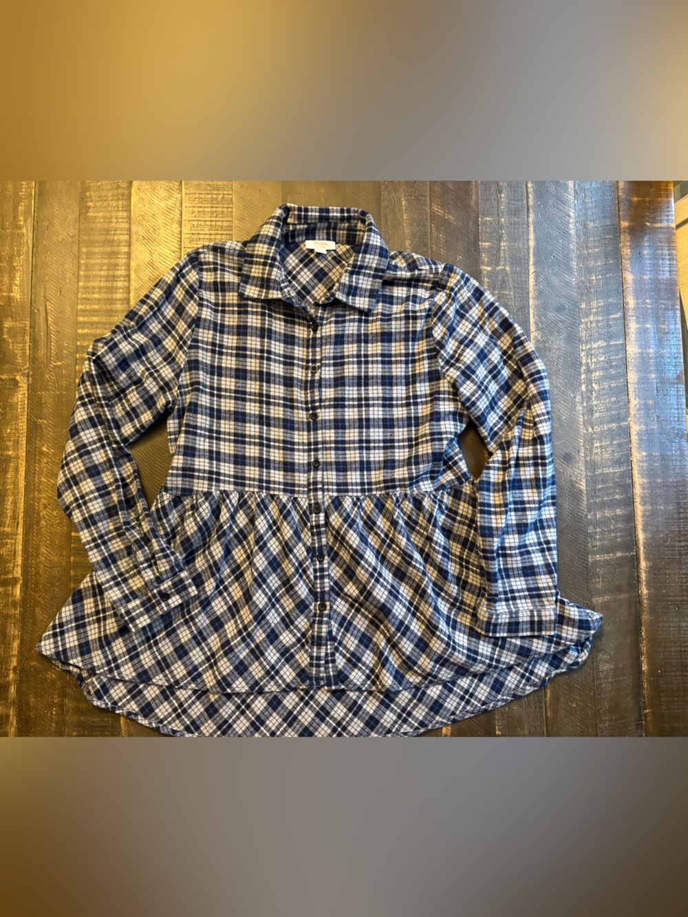 Wrangler Navy Blue Plaid Button-Down Peplum Shirt Western Comfort Lightweight